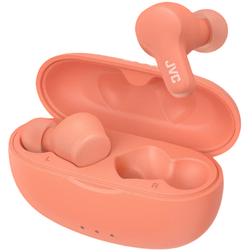 Coral-colored JVC wireless earbuds with a matching charging case, featuring an ergonomic design and clear left-right labeling.