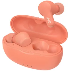 Coral-colored JVC wireless earbuds with a matching charging case, featuring an ergonomic design and clear left-right labeling.