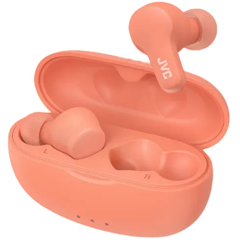 Coral-colored JVC wireless earbuds with a matching charging case, featuring an ergonomic design and clear left-right labeling.