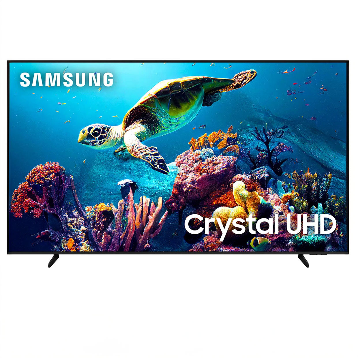 A Samsung 70-inch 4K UHD LED Smart TV displays a vibrant underwater scene with a turtle, showcasing its Crystal UHD resolution. The TV has a minimalist stand design.