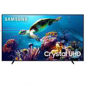 A Samsung 70-inch 4K UHD LED Smart TV displays a vibrant underwater scene with a turtle, showcasing its Crystal UHD resolution. The TV has a minimalist stand design.