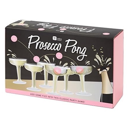 Prosecco Pong is a party game featuring six coupe glasses and pink ping pong balls, aimed at putting a champagne twist on traditional beer pong.
