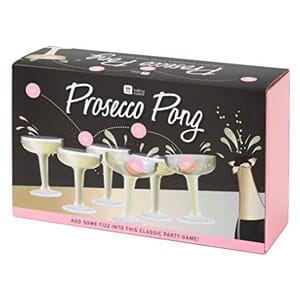 Prosecco Pong is a party game featuring six coupe glasses and pink ping pong balls, aimed at putting a champagne twist on traditional beer pong.