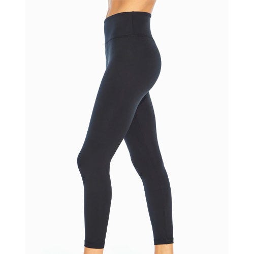 High-waisted black leggings featuring a sleek, form-fitting design.