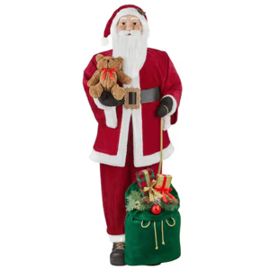 A 5-foot plush Santa Claus figure stands with a teddy bear in one hand and a green sack filled with presents in the other. Santa wears a red suit, black belt, and holds gold-detailed accessories.