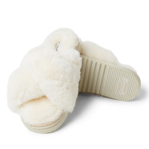 Cream-colored slippers with fluffy faux fur cross-band straps and a thick, ribbed sole for traction.