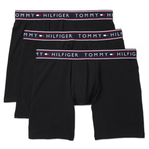 Three pairs of black Tommy Hilfiger boxer briefs with a branded waistband.