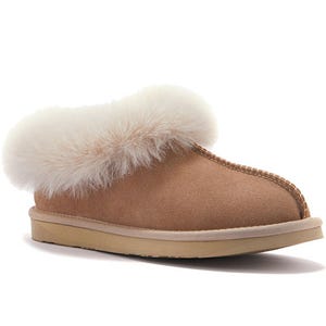 A tan slipper with a plush, fluffy white lining and a simple slip-on design, featuring a textured sole for comfort and grip.