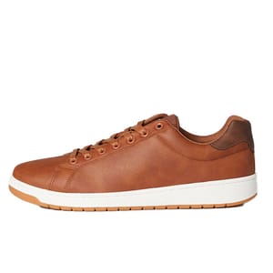 Brown leather sneaker with white sole and tan gum outer sole, featuring six eyelets for lacing.