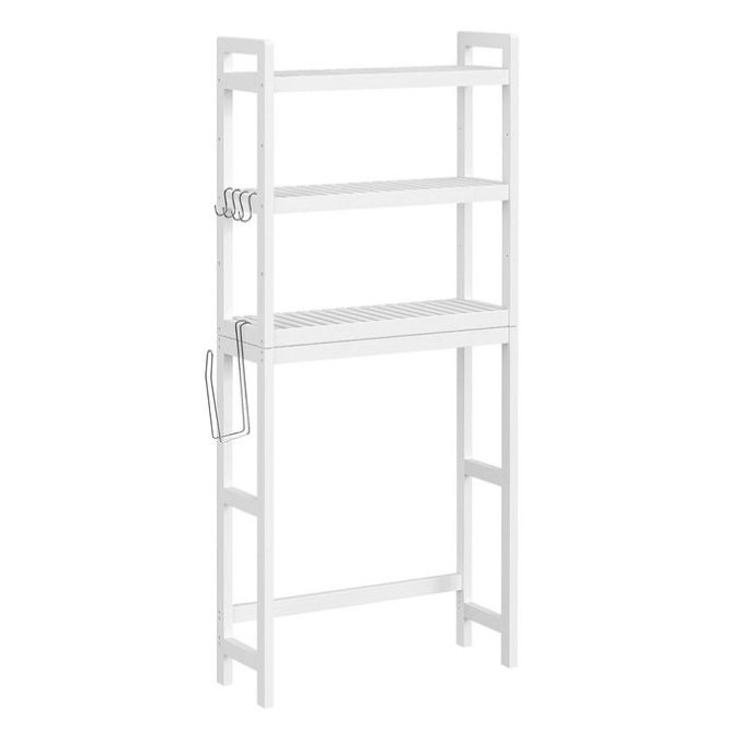 A white over-the-toilet storage shelf with three slatted shelves, side hooks, and a roll holder.