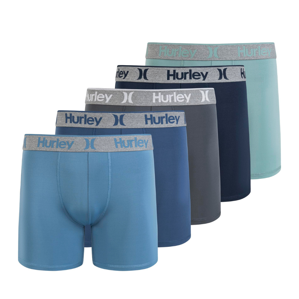 Five pairs of Hurley men's boxer briefs in varying shades of blue and gray, each featuring a gray waistband with the Hurley logo.