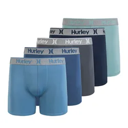 Five pairs of Hurley men's boxer briefs in varying shades of blue and gray, each featuring a gray waistband with the Hurley logo.