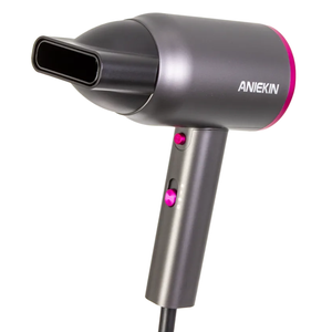 A gray hair dryer with a pink accent around the nozzle and two pink control buttons.