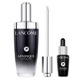 Lancôme Génifique Ultimate set includes a large serum bottle with a dropper and a smaller vial. The packaging is sleek with a black-to-clear gradient design.