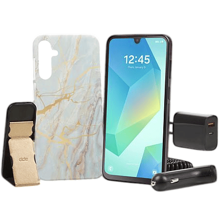 Smartphone with a decorative case, car charger, wall charger, USB cable, and phone stand.