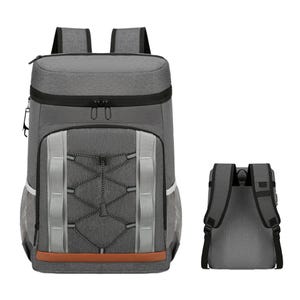 Gray backpack with front bungee cord, side mesh pockets, and a top zipper closure. Features adjustable padded shoulder straps and a brown accent on the front.