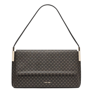 Calvin Klein shoulder bag with a black and brown color scheme featuring an all-over \“ck\“ pattern and gold-tone accents.