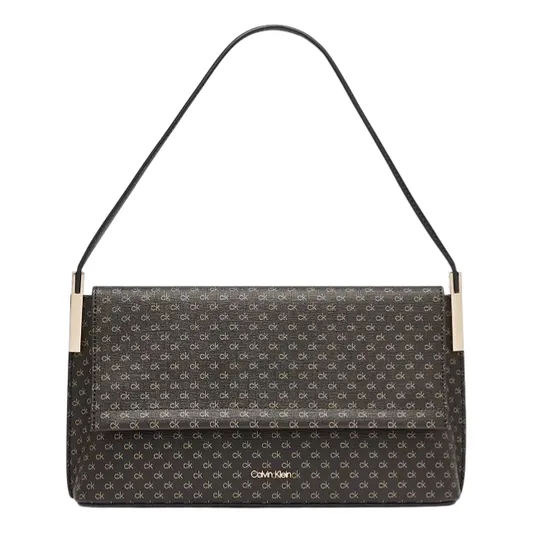 Calvin Klein shoulder bag with a black and brown color scheme featuring an all-over \“ck\“ pattern and gold-tone accents.