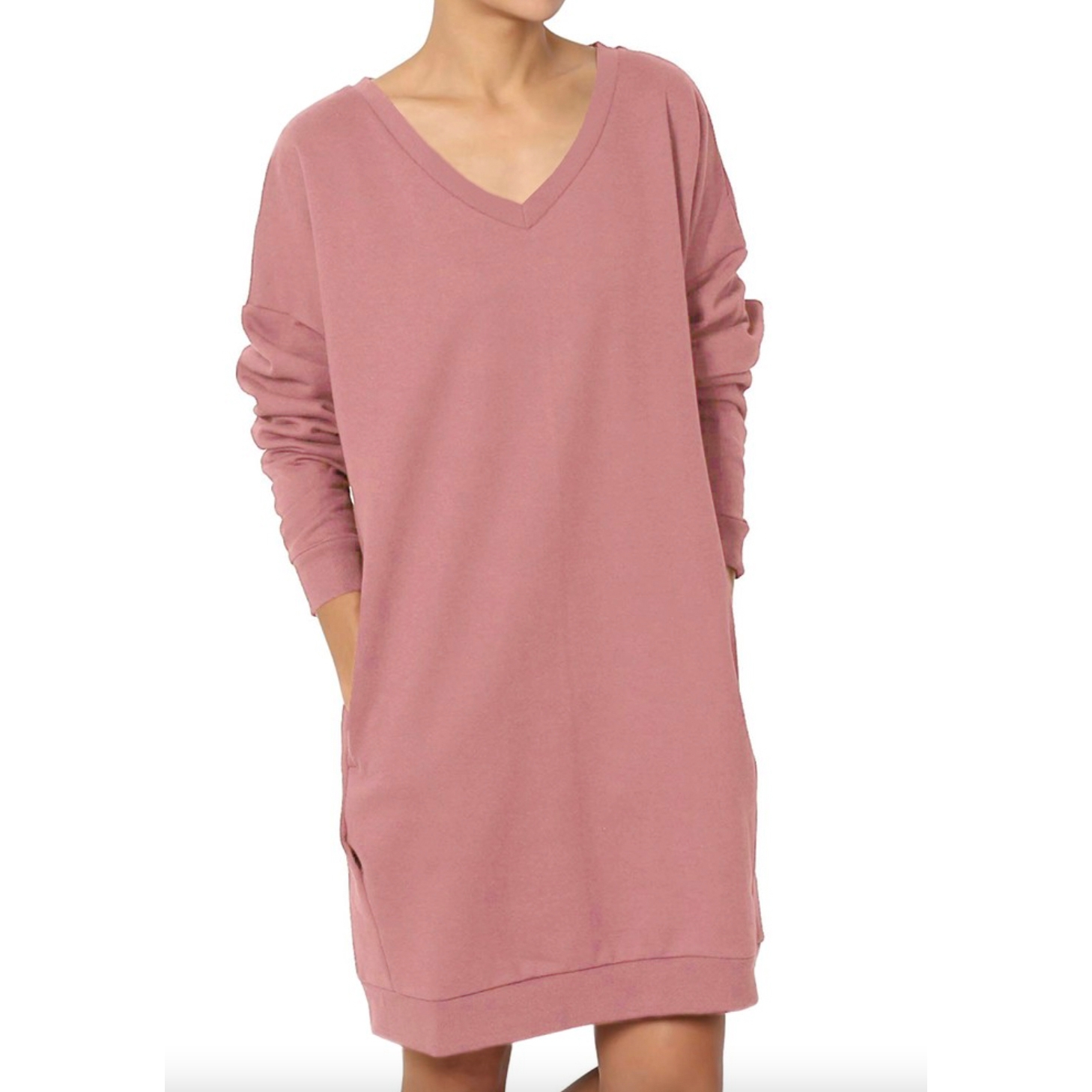 A pink V-neck sweatshirt dress with long sleeves and side pockets, offering a casual and relaxed fit.