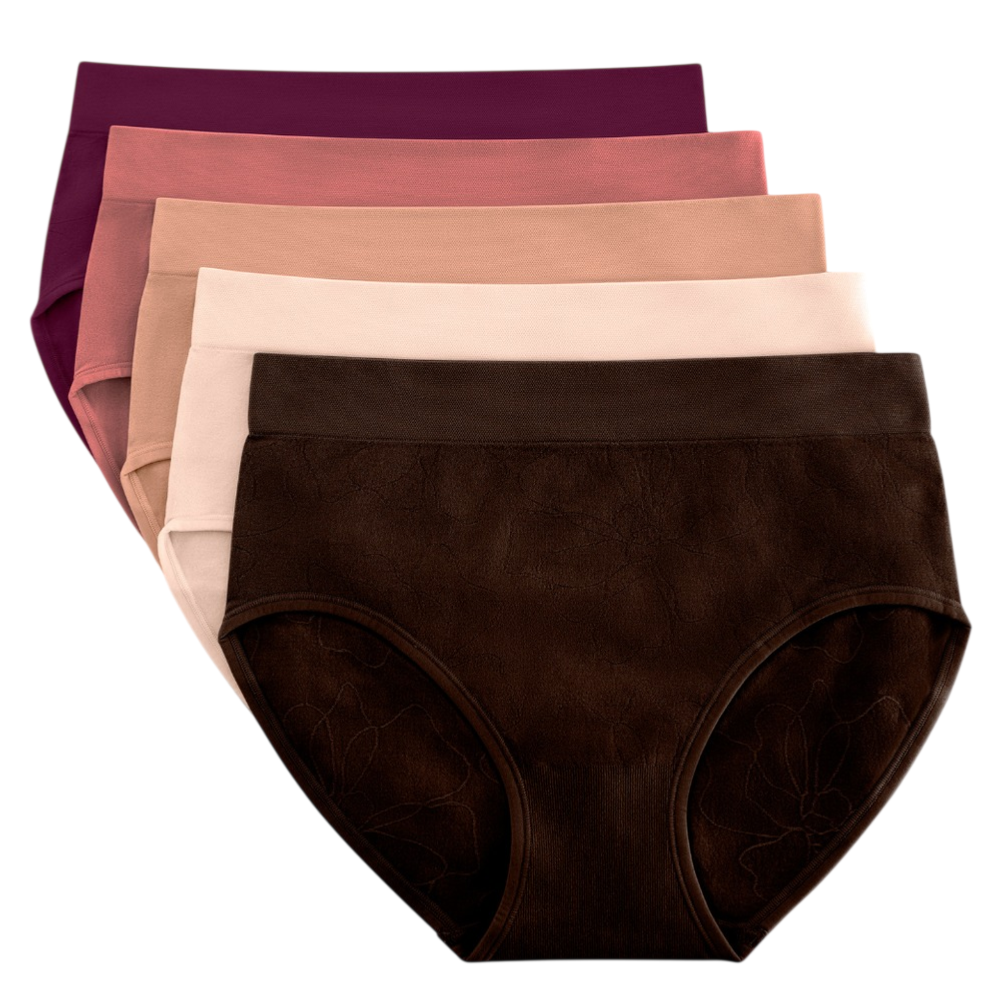 A set of five women's underwear in assorted colors, including dark brown, pink, beige, and purple, arranged in a stack on a flat surface.