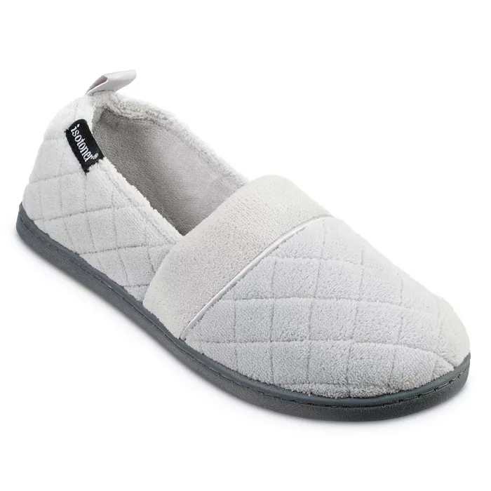 Gray quilted fabric slippers with a low back and soft lining, featuring a flexible black sole and a small side tag.