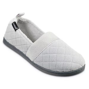 Gray quilted fabric slippers with a low back and soft lining, featuring a flexible black sole and a small side tag.
