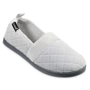 Gray quilted fabric slippers with a low back and soft lining, featuring a flexible black sole and a small side tag.