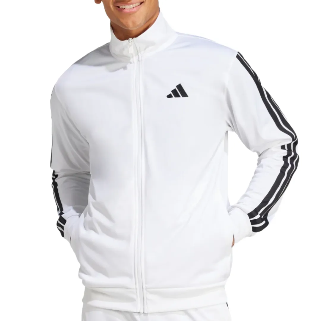 White track jacket with black stripes along the sleeves and a black logo on the chest.