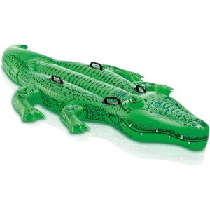 Intex Giant Gator Pool Float is a green inflatable shaped like a crocodile with four black handles for easy grip.