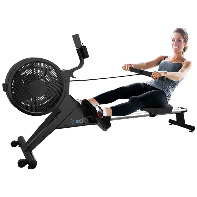 A SereneLife rowing machine with an air resistance system, featuring a sliding seat and foot straps. A woman is using the machine, demonstrating its ergonomic design for fitness training.