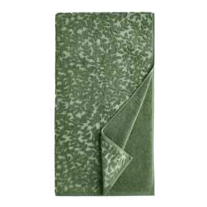 Green jacquard towel with a leaf pattern, featuring a folded corner to reveal a solid-colored underside.