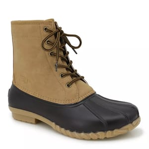JBU Men's Duck Boots feature a tan leather upper with a black rubber lower section and a textured tan sole. They have a lace-up front with metal eyelets for added support and durability.