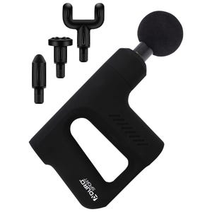 Black massage gun with three interchangeable attachments: round, fork, and bullet heads.