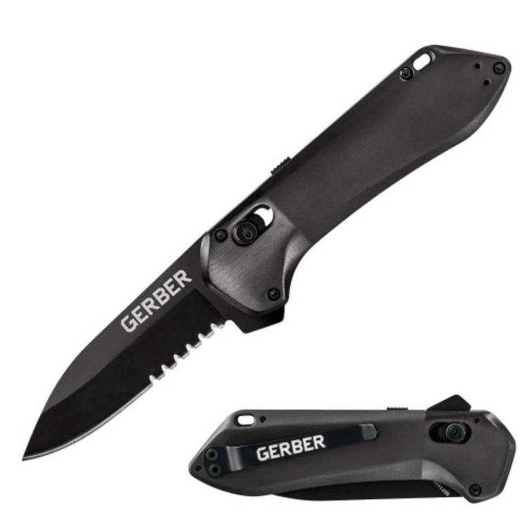 A Gerber folding knife with a partially serrated blade and a black handle. The knife features a clip for easy carrying.