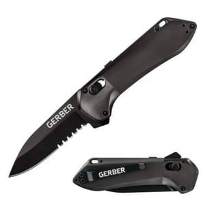 A Gerber folding knife with a partially serrated blade and a black handle. The knife features a clip for easy carrying.