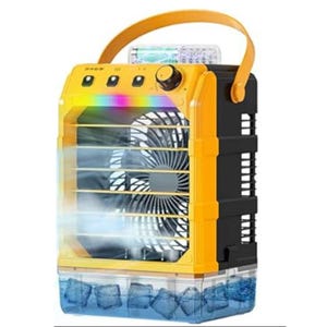 Portable air cooler with a fan, LED lights, and a compartment for ice, featuring a yellow and black design with a carrying handle.