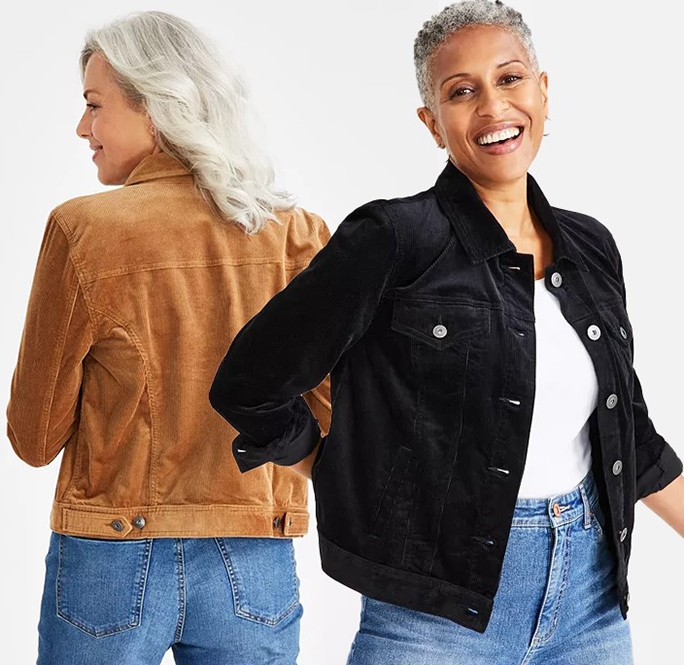 Two women smiling, wearing denim jackets in black and brown with classic collars and button fronts, paired with jeans.