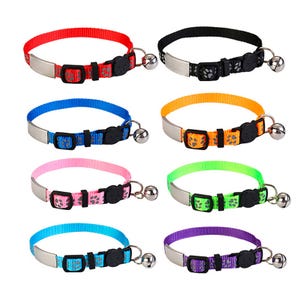 Assorted colorful cat collars with bells.