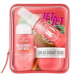 Sol de Janeiro Bom Dia Set includes a body wash, a brightening cream, and a mist in a clear travel pouch.