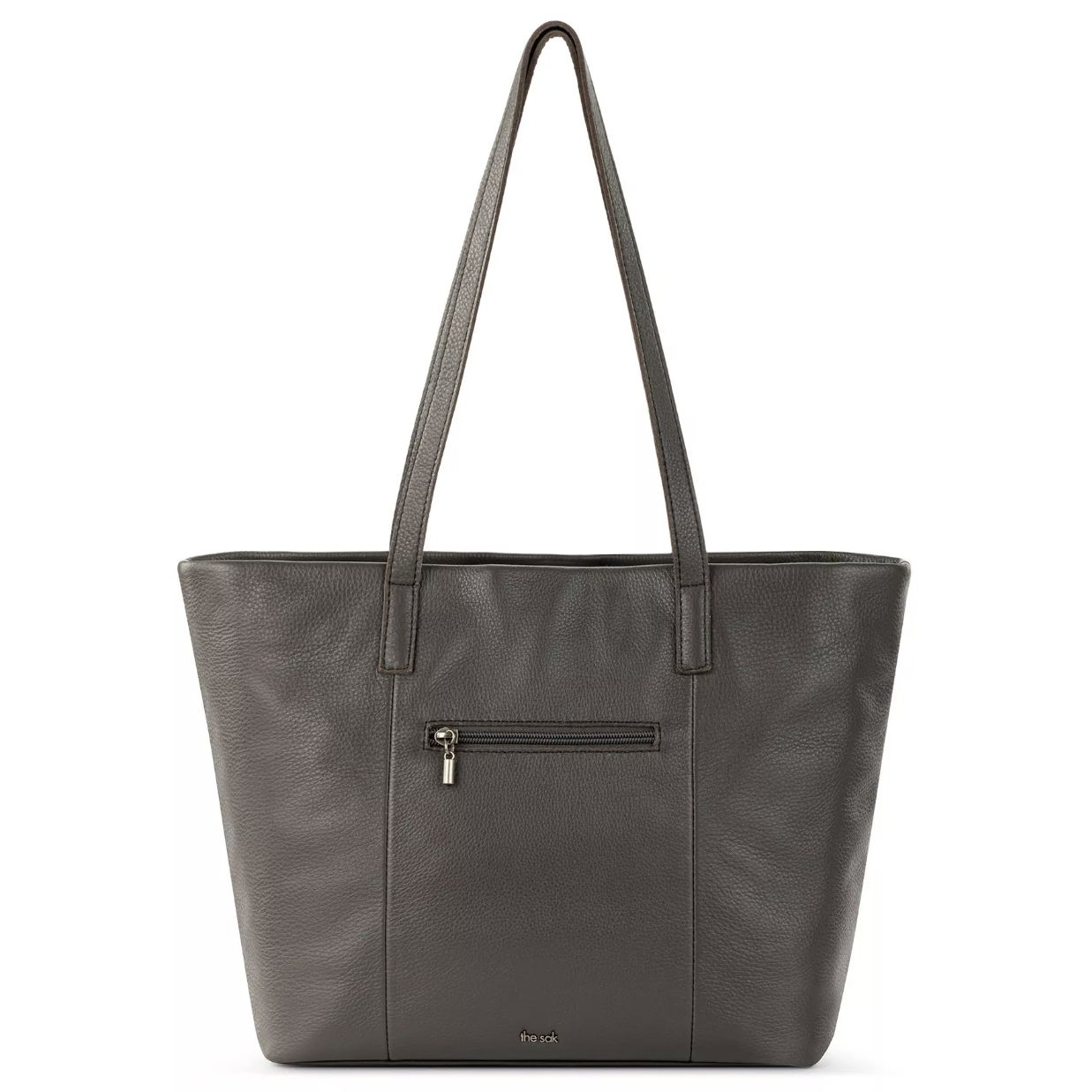 A gray leather tote bag featuring a top zip closure, dual shoulder straps, and a small exterior zip pocket.