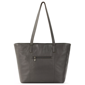 A gray leather tote bag featuring a top zip closure, dual shoulder straps, and a small exterior zip pocket.