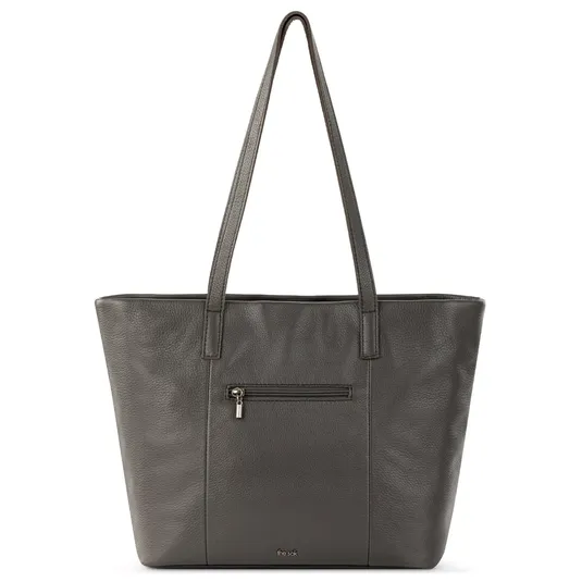 A gray leather tote bag featuring a top zip closure, dual shoulder straps, and a small exterior zip pocket.