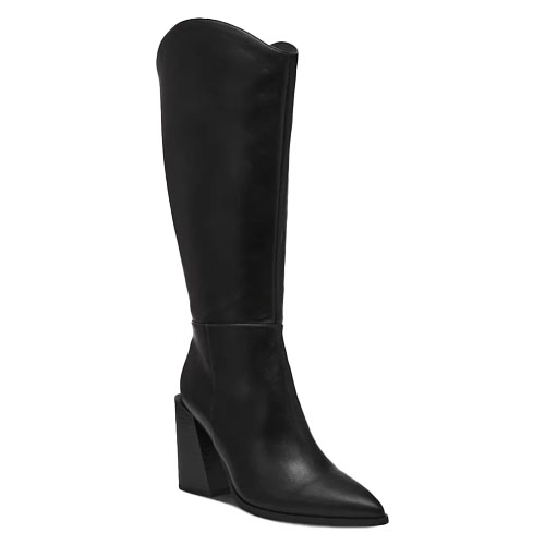 Tati Stacked-Heel Boots are tall, black leather boots featuring a pointed toe and a block heel, offering a sleek and modern look.