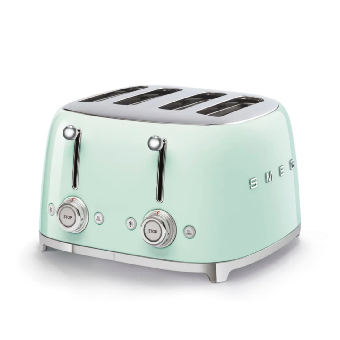 A mint green, retro-style SMEG four-slice toaster with dual controls and a chrome finish.