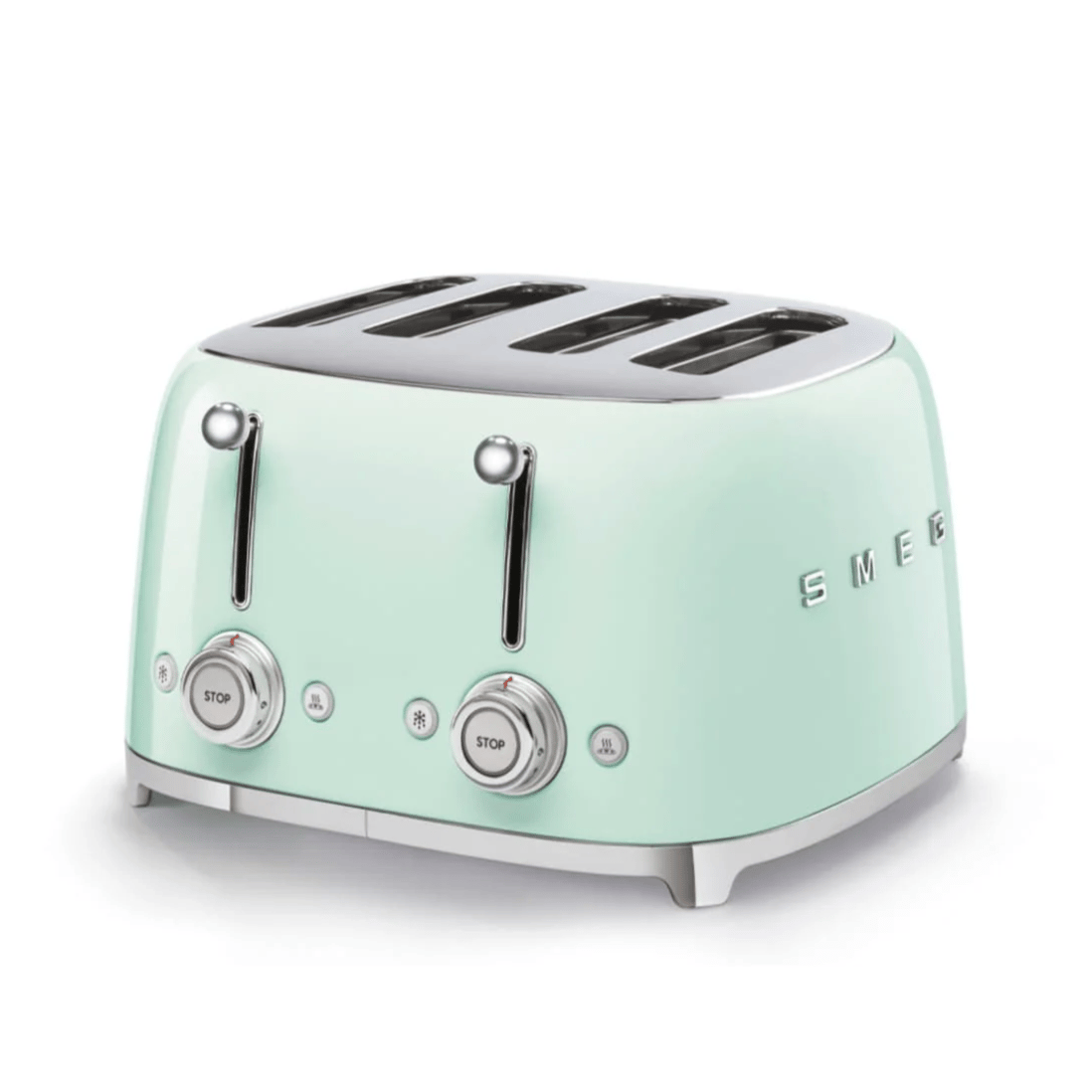 A mint green, retro-style SMEG four-slice toaster with dual controls and a chrome finish.