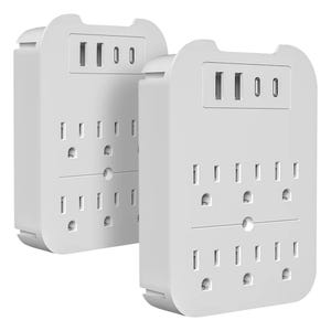2-pack USB surge protectors featuring six AC outlets and three USB ports, including one USB-C. The design is compact, ideal for organizing multiple devices into a single outlet.