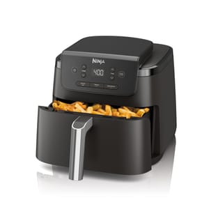 Ninja Air Fryer Pro XL with a digital display and buttons for temperature and time. It features a spacious cooking basket with French fries inside.