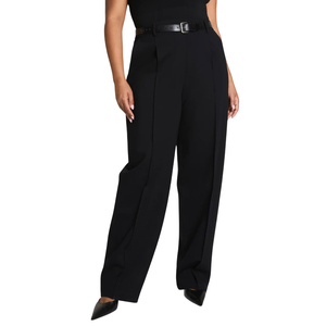 Black wide-leg pants with a high waist, pleats, a black belt, and pointed black shoes.