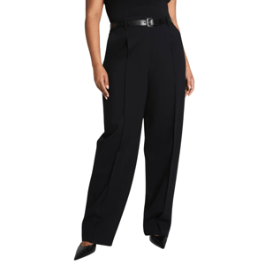 Black wide-leg pants with a high waist, pleats, a black belt, and pointed black shoes.