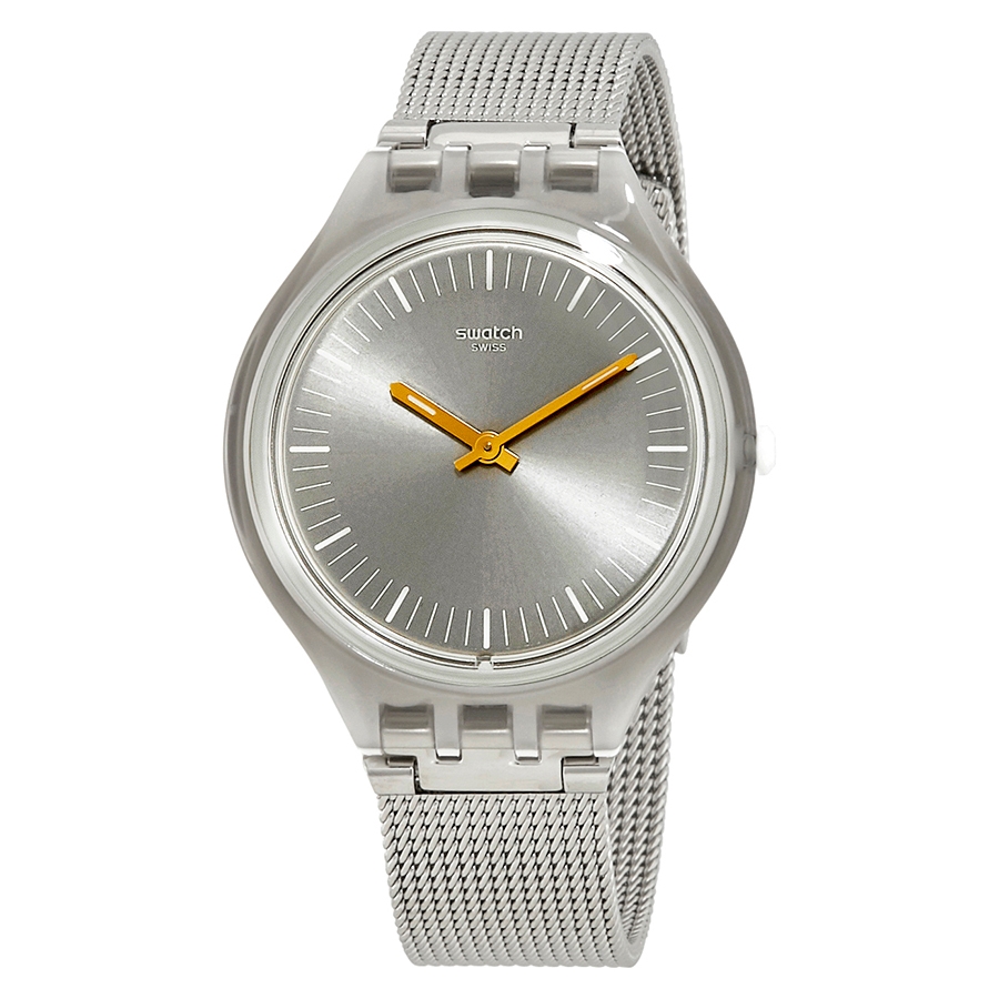 Swatch Men's Skinmesh Silver Dial Watch features a minimalist silver dial with orange hands, a sleek clear case, and a stainless steel mesh strap for a modern look.